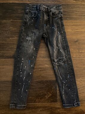 Zara Black Distressed Kids Jeans with Blue and White Paint Splatter